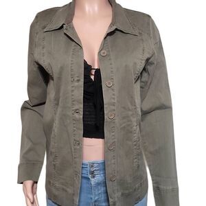 Women's olive button up textured stripe shirt jacket S